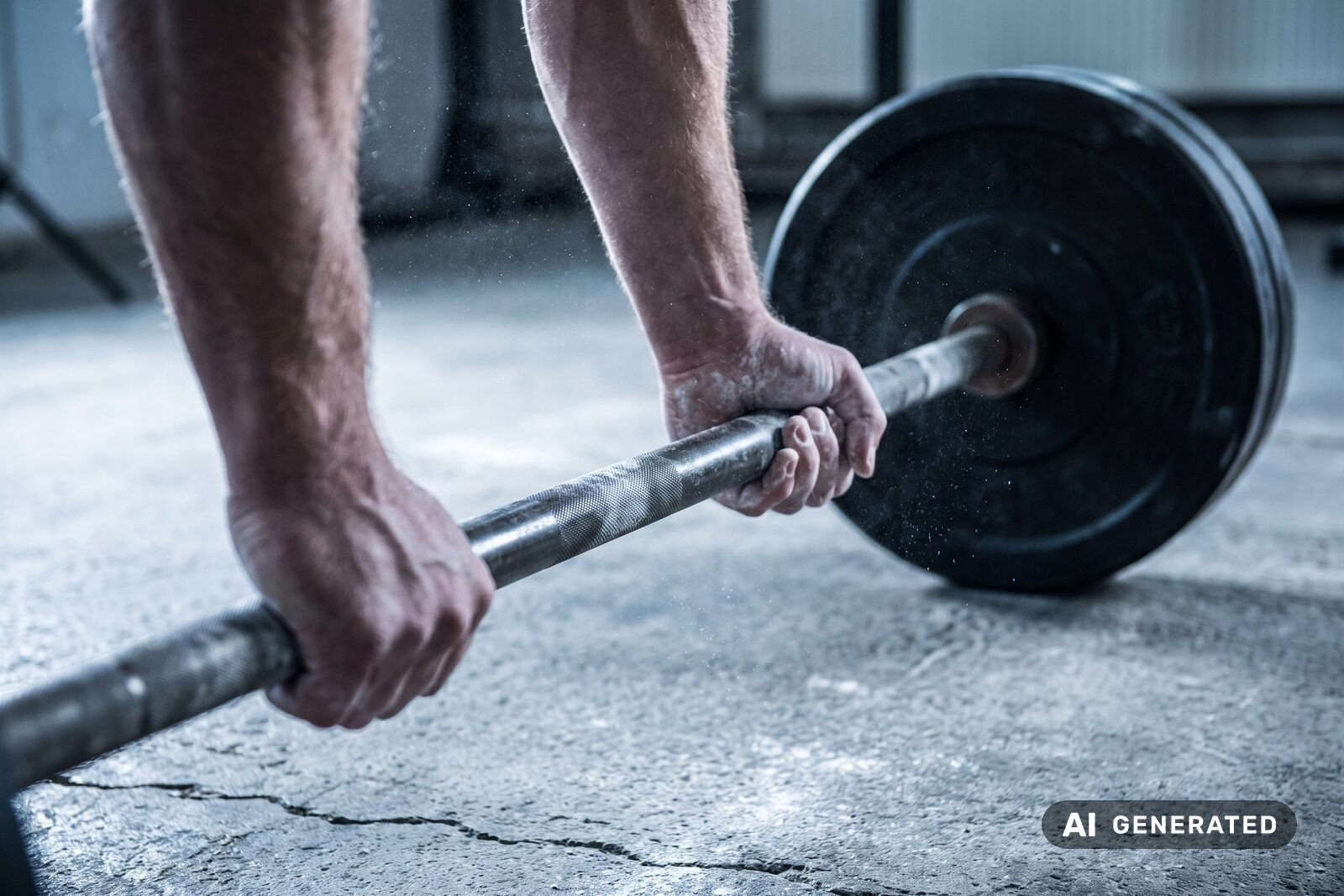 Chalked hands gripping a loaded barbell at the start of a deadlift