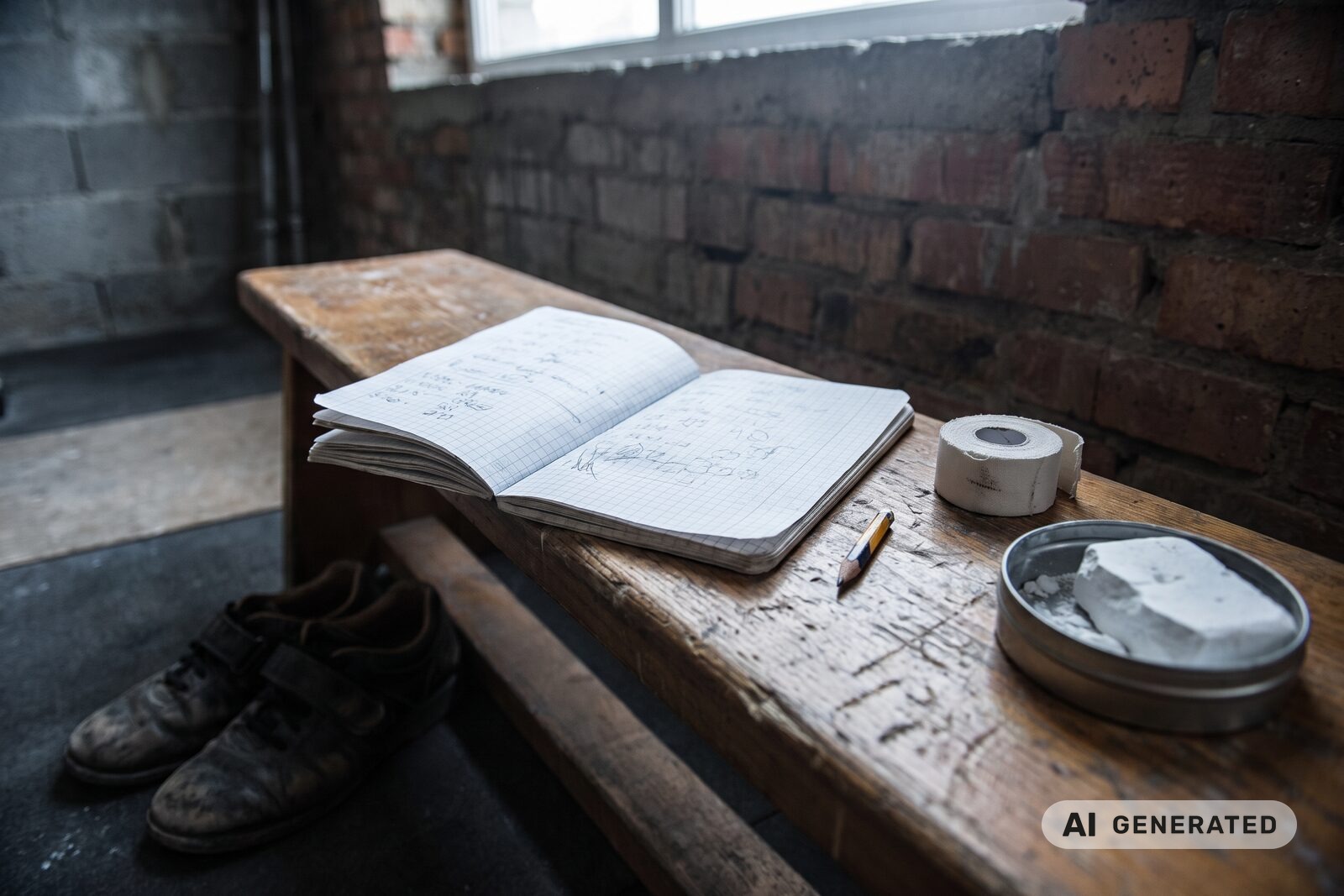 A training notebook open on a wooden bench with a pencil, athletic tape, a chalk tin and lifting shoes