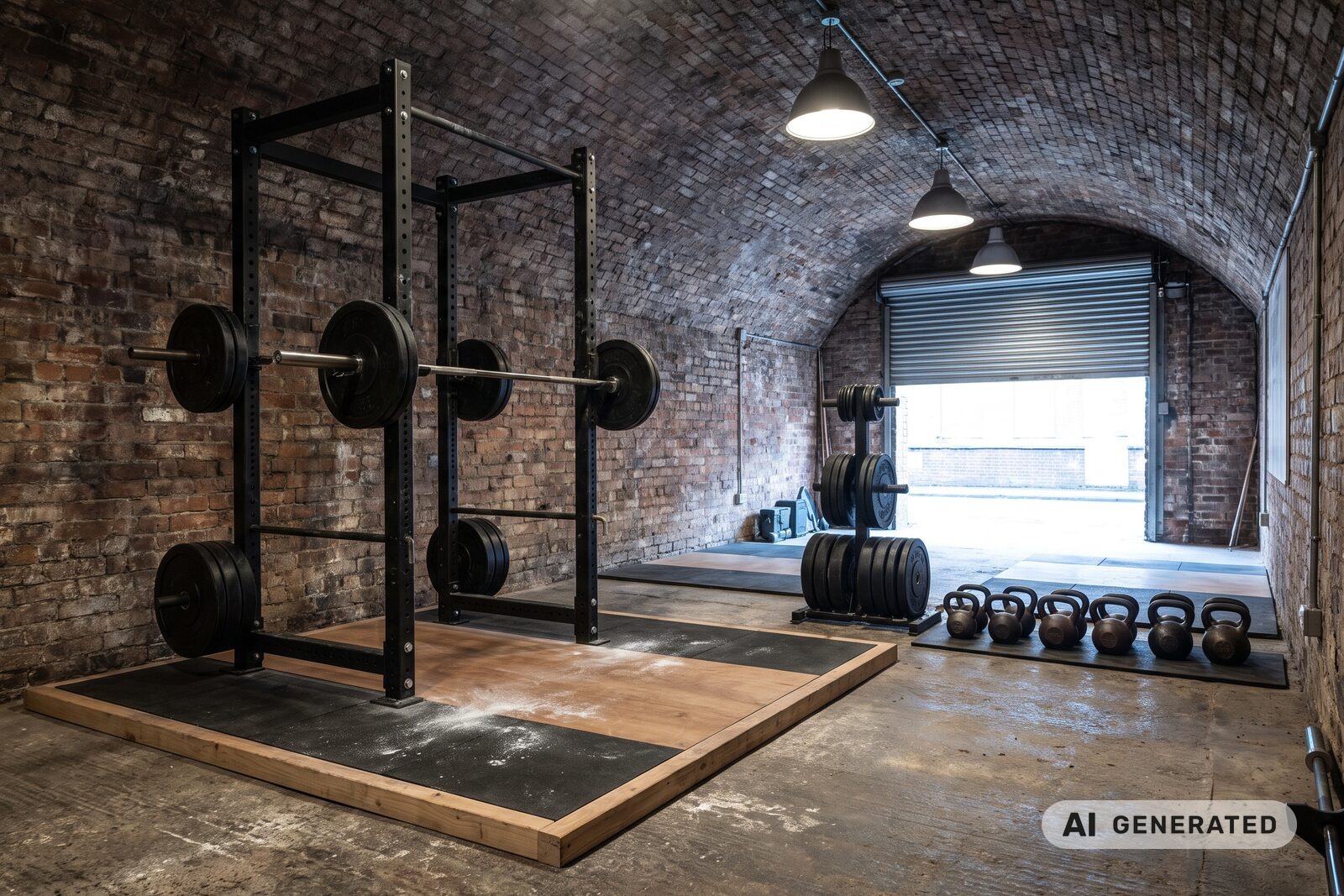 Arch 12 demo — a power rack and lifting platform under a brick railway arch in Glasgow