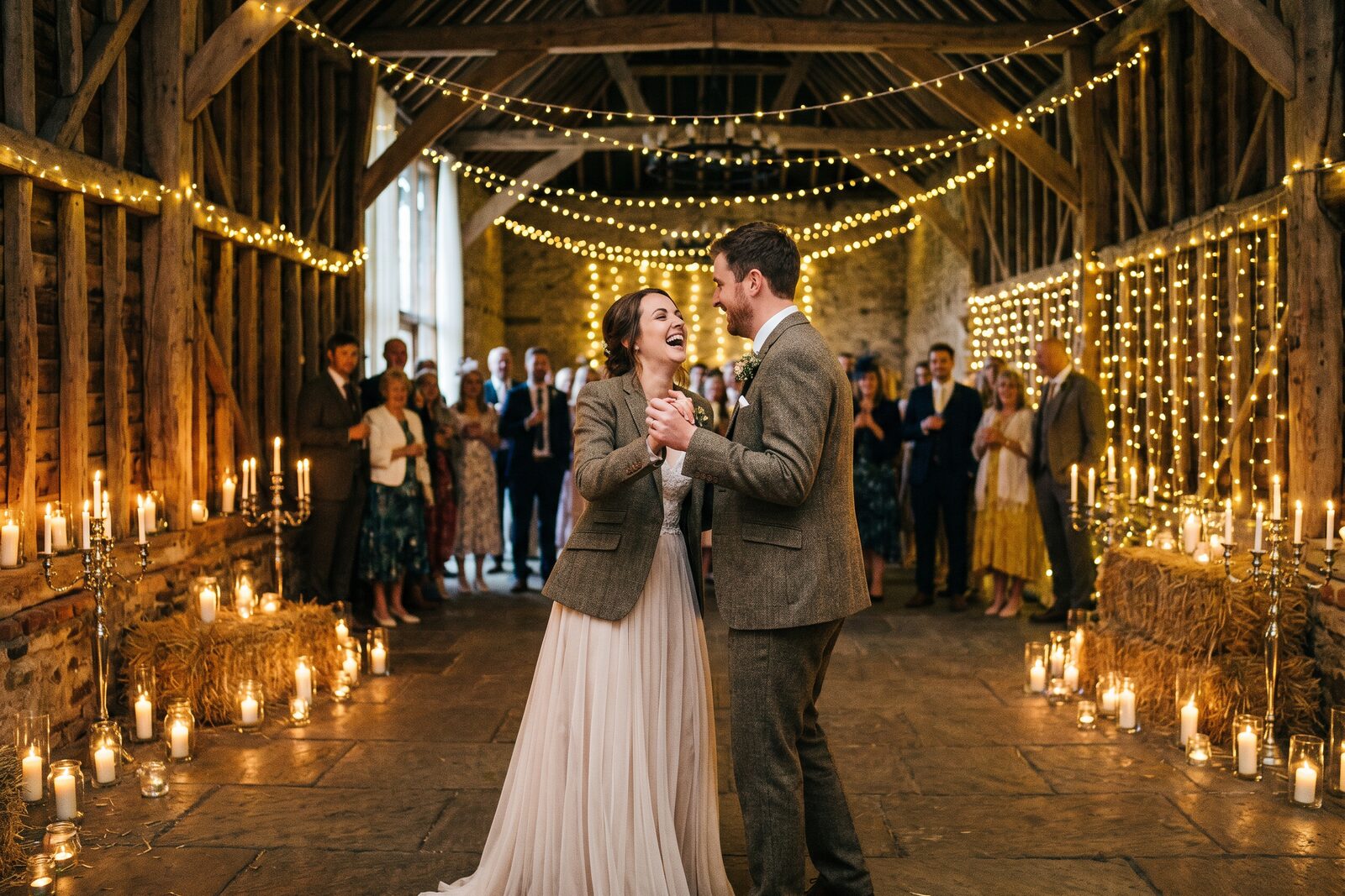 A couple's first dance in a candlelit barn