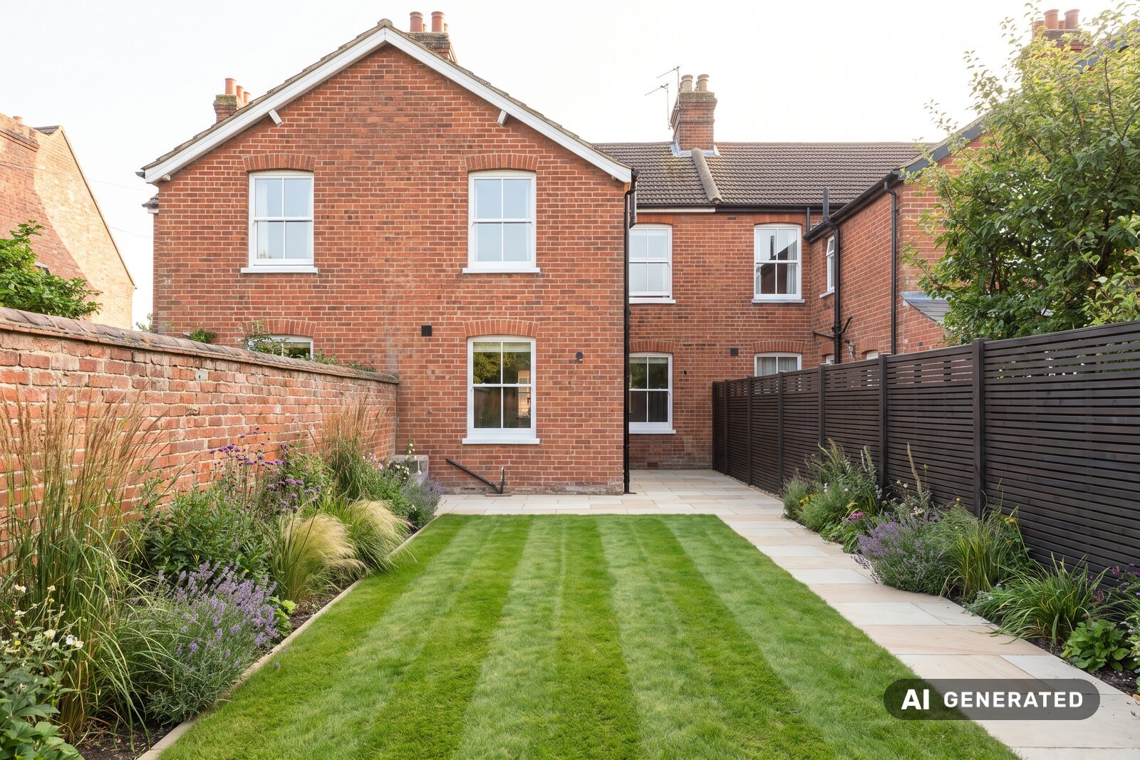 The same garden after work — sandstone paving, a neat striped lawn, planted borders of grasses and lavender, and a new dark slatted fence