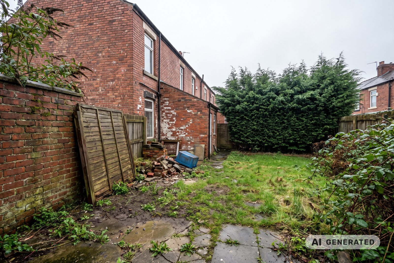 The garden before work — overgrown weedy lawn, cracked concrete slabs, a leaning rotten fence panel and a pile of rubble