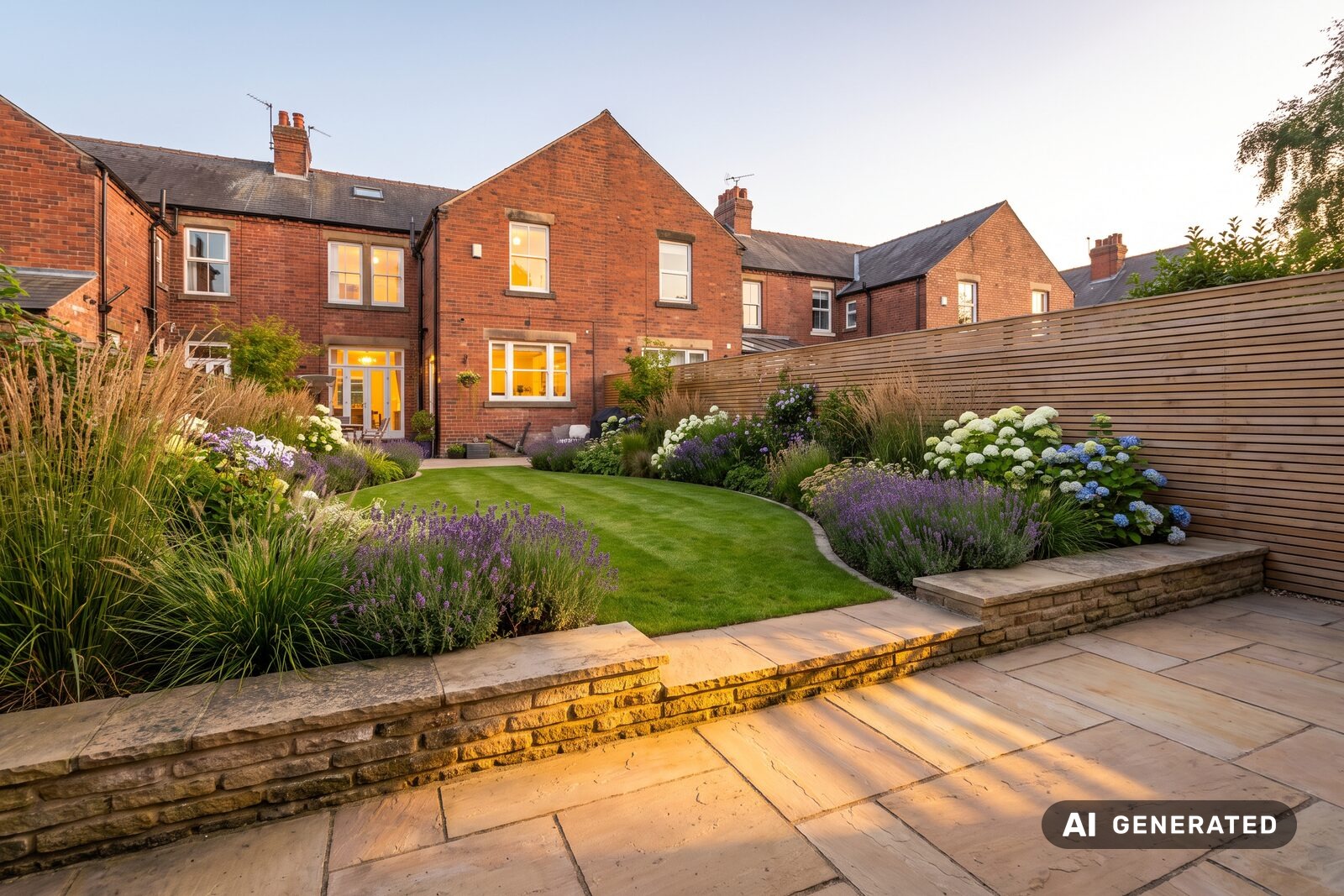 Hollybank Landscapes demo — a finished Cardiff garden at dusk with sandstone paving and planted borders