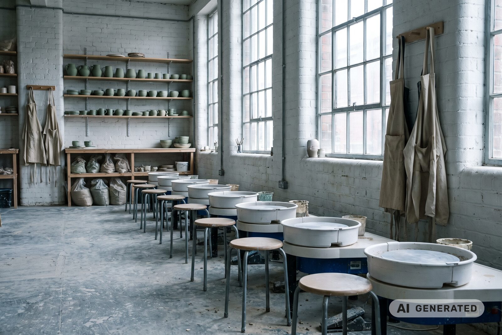 Mudlark Pottery demo — a row of pottery wheels facing tall mill windows in a Leeds studio