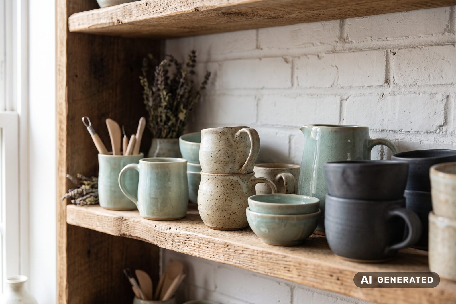 Finished handmade stoneware mugs, bowls and a jug in celadon, speckled oatmeal and charcoal glazes on a wooden shelf