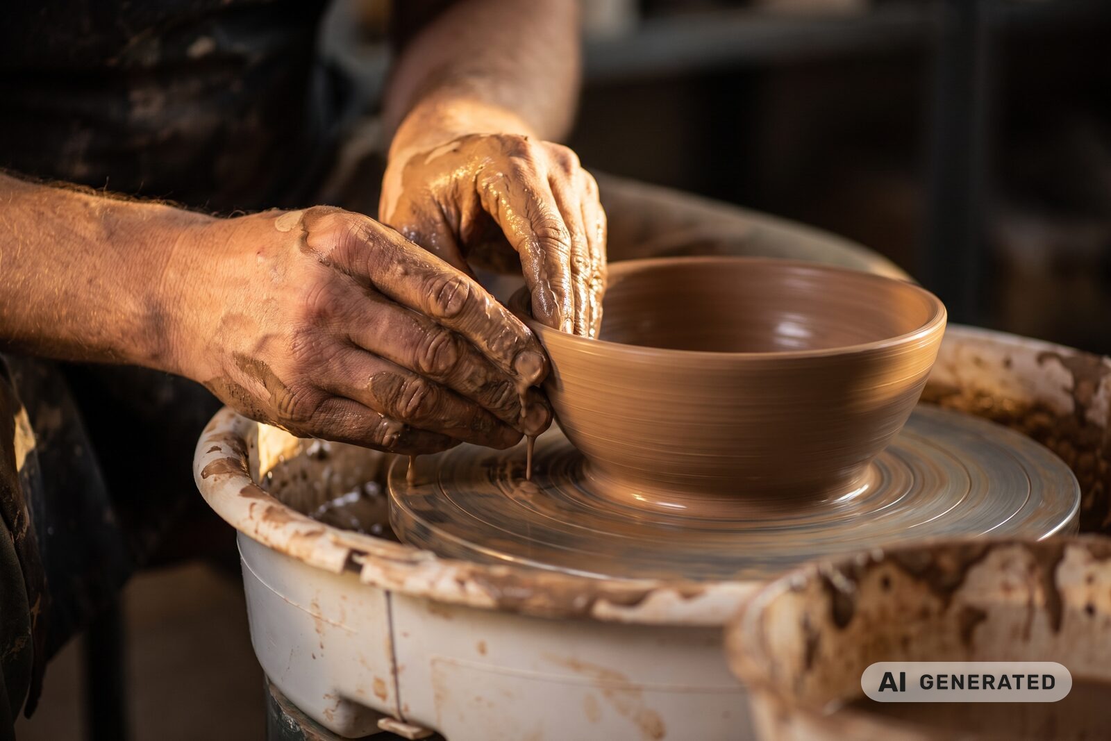 Clay-covered hands throwing a bowl on a spinning potter's wheel