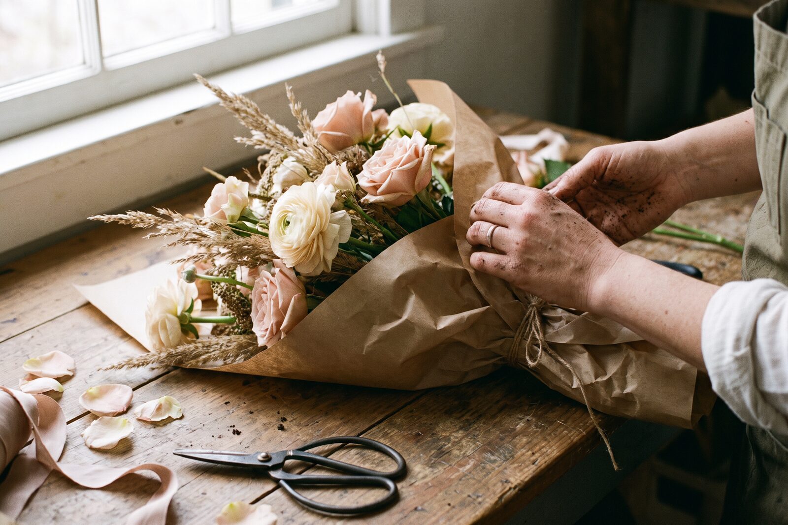 A bouquet being wrapped in kraft paper at Marigold & Moss