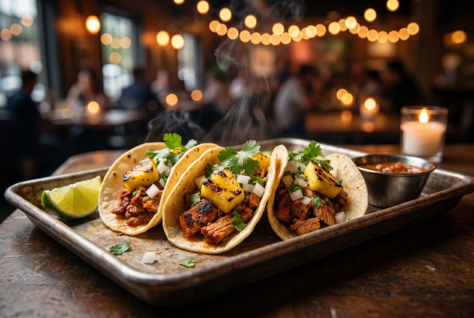 Nel's Tacos demo — tacos al pastor on a metal tray