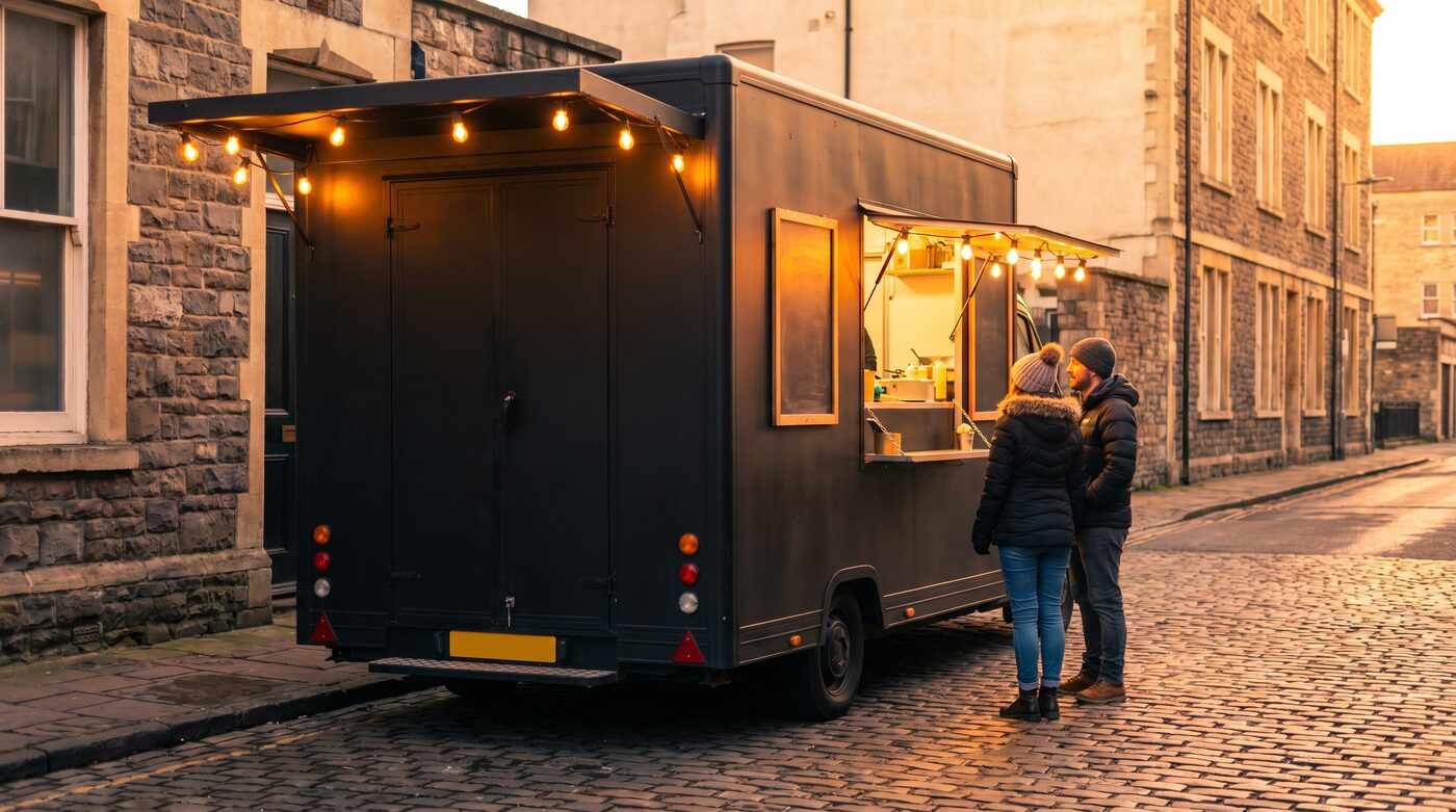 Nel's Tacos truck parked on a Bristol street at dusk with string lights on and a couple ordering
