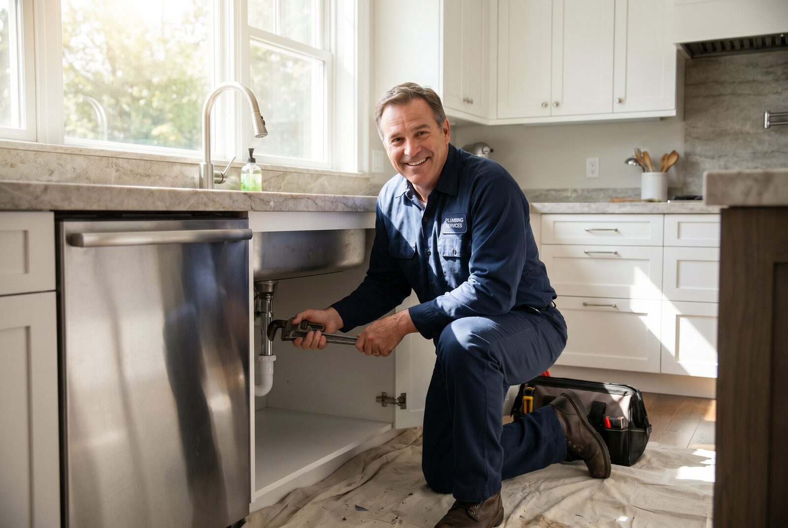 Steel City Plumbing demo — a plumber fixing a pipe under a sink