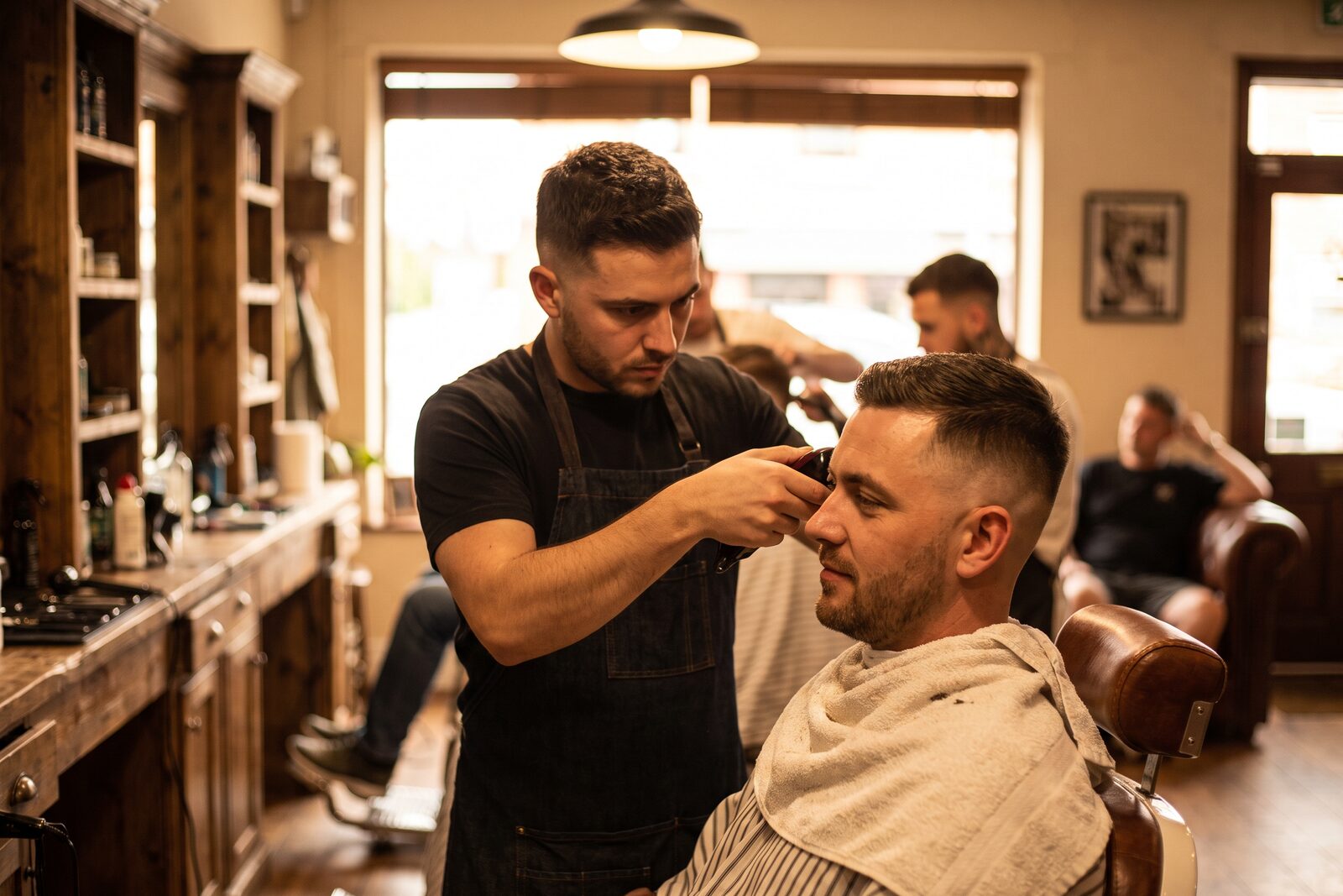 A barber giving a skin fade at Sharps