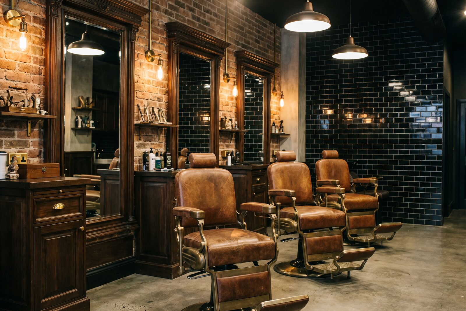 Inside Sharps barbershop — vintage chairs and mirrors