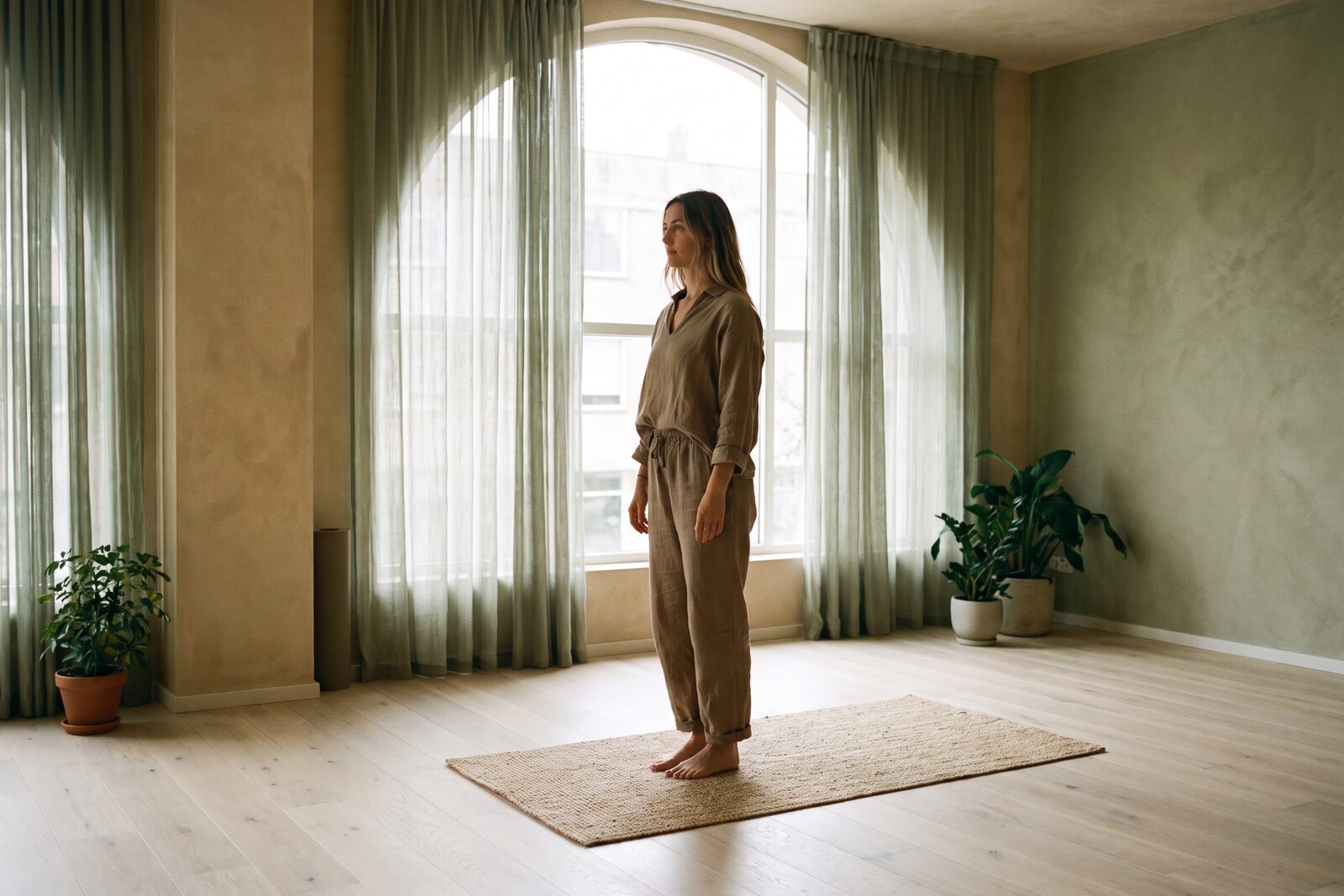 A woman practising yoga by a window at Still Point