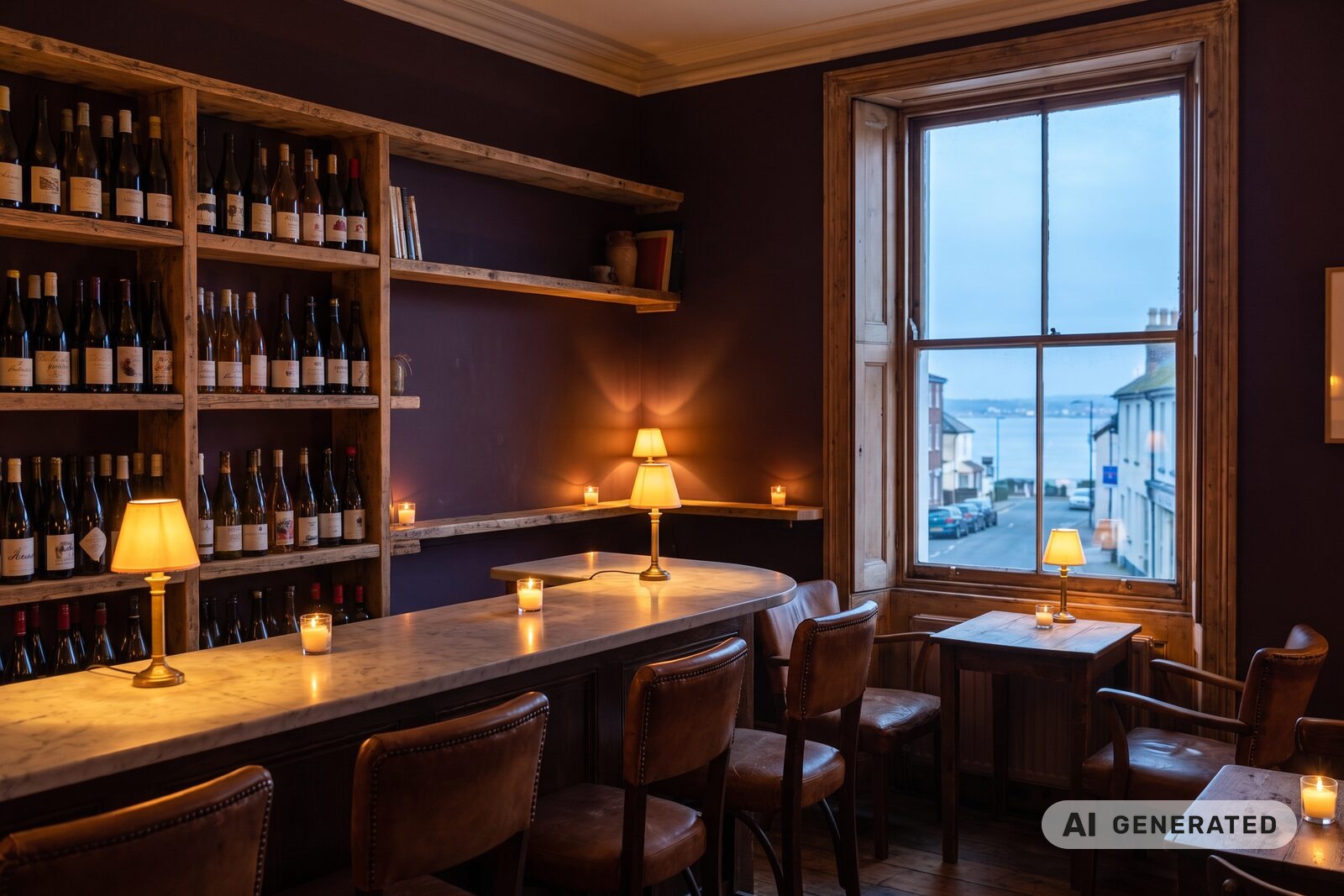 Salt & Vine demo — a candlelit Margate wine bar with a marble counter and a sea view