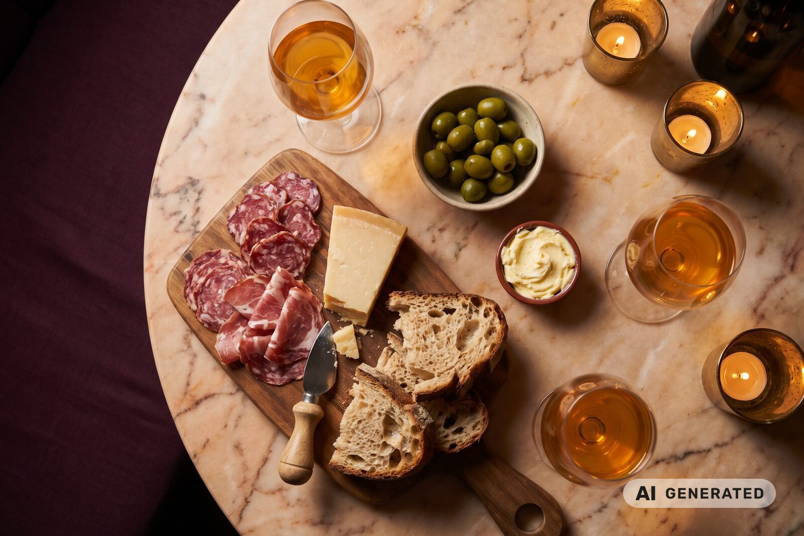 A board of cured meats, hard cheese, sourdough and olives on a marble table, with glasses of orange wine and candles