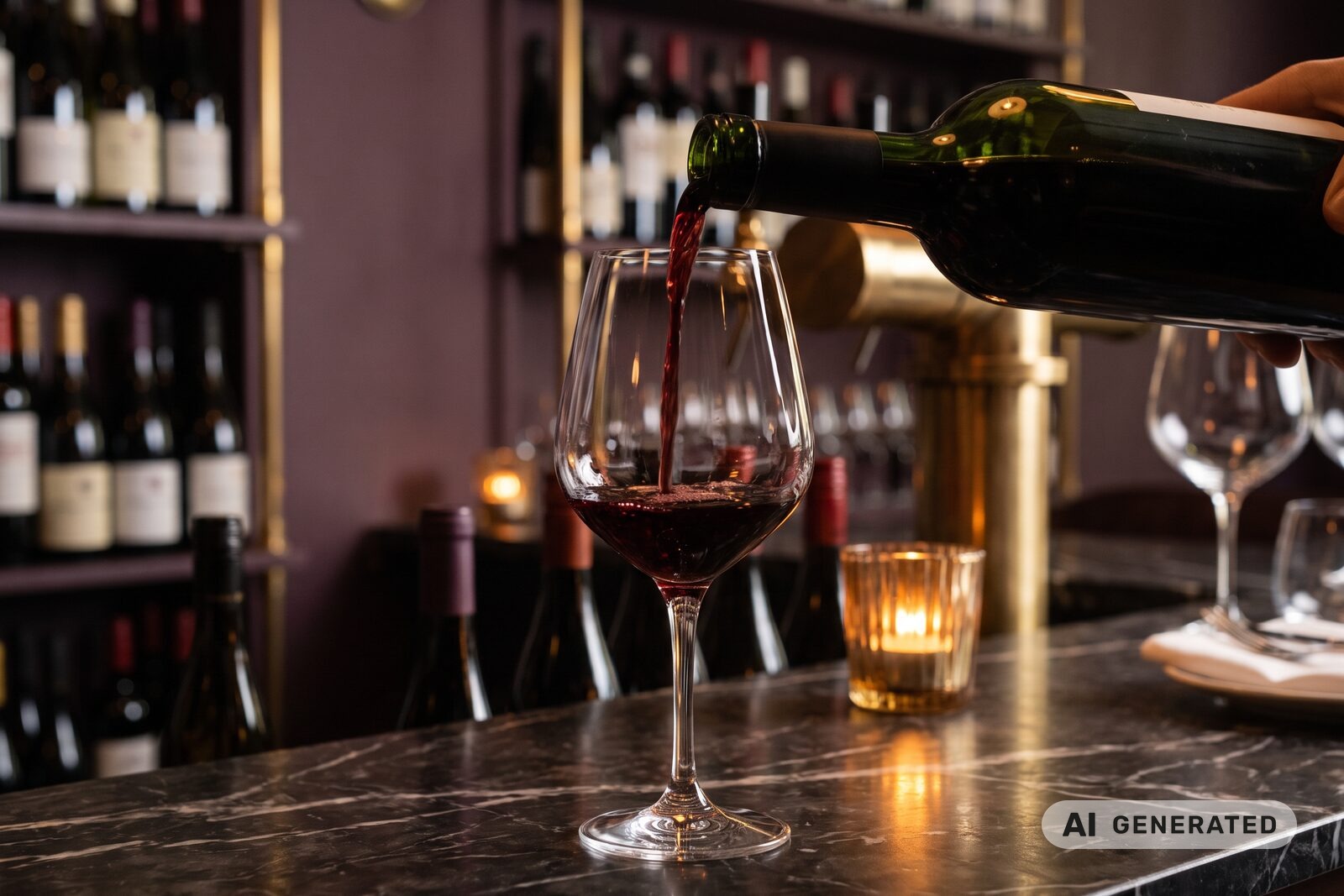 A glass of red wine being poured at the marble bar, candlelight and shelves of bottles behind