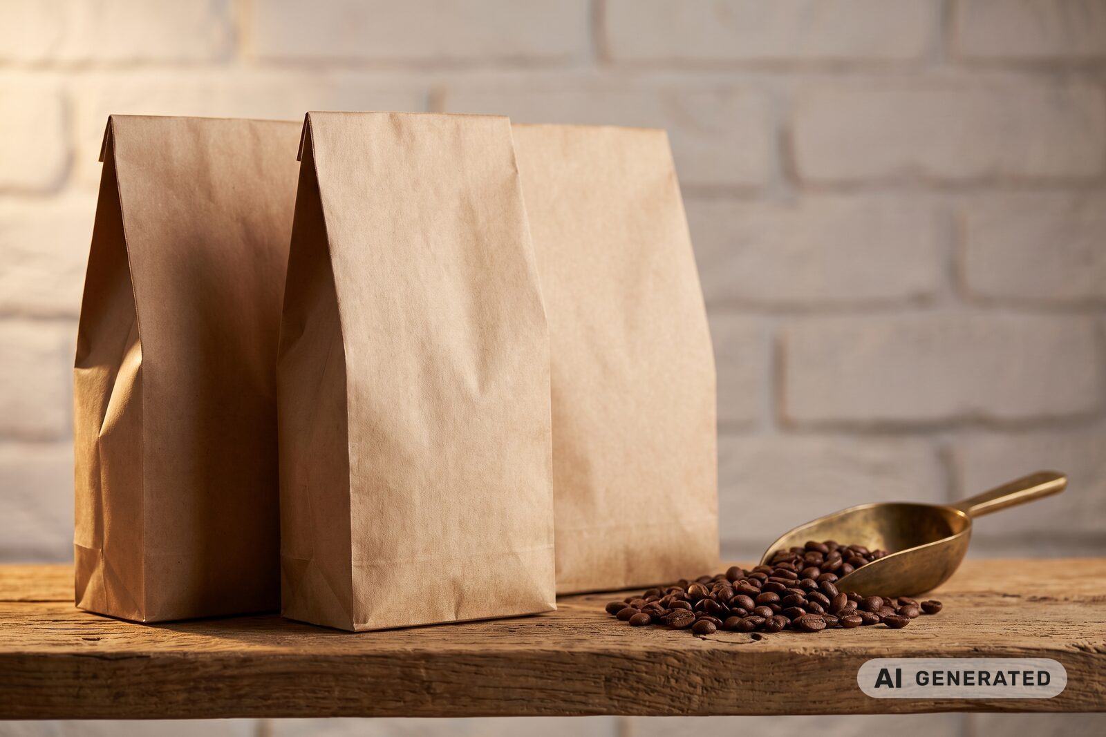 Three plain kraft coffee bags on a wooden shelf beside a brass scoop and roasted beans