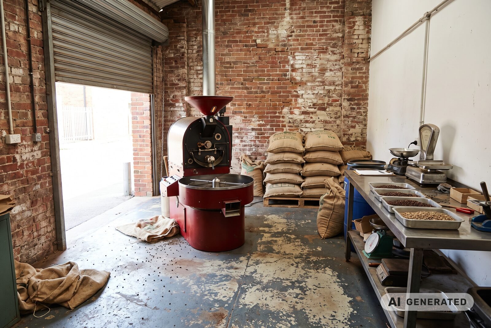 Slipway Coffee demo — a red drum roaster and stacked sacks of green coffee in a Belfast roastery