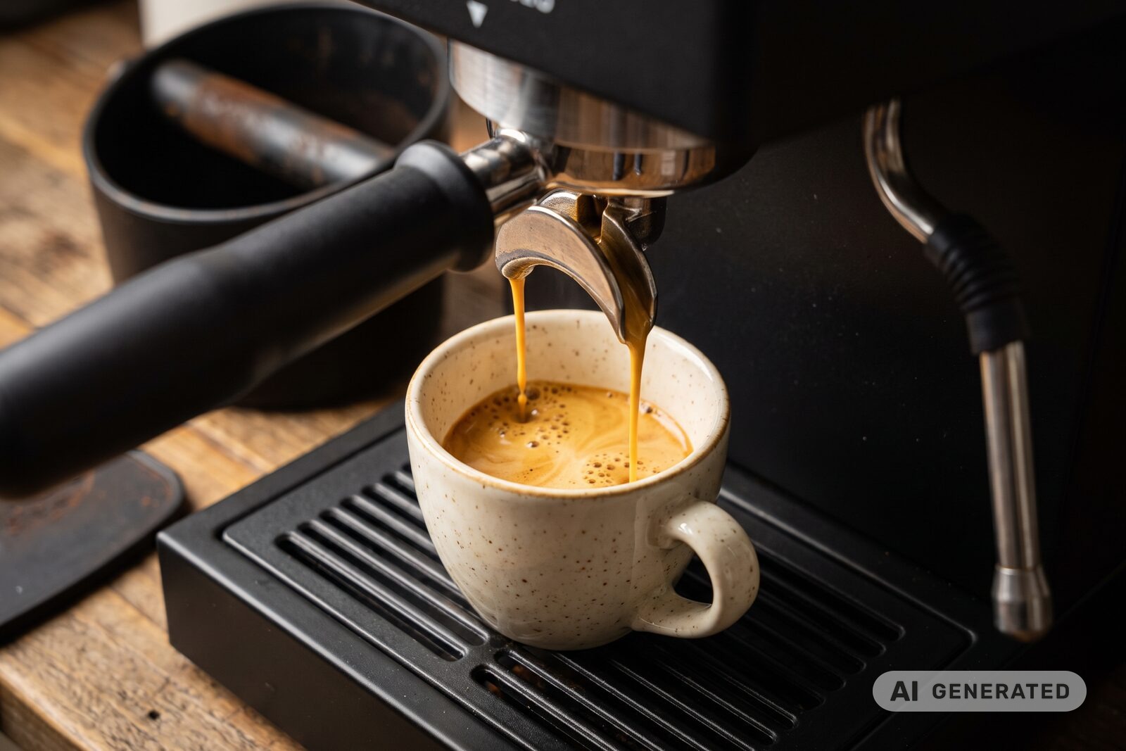 Espresso extracting from a bottomless portafilter into a speckled ceramic cup
