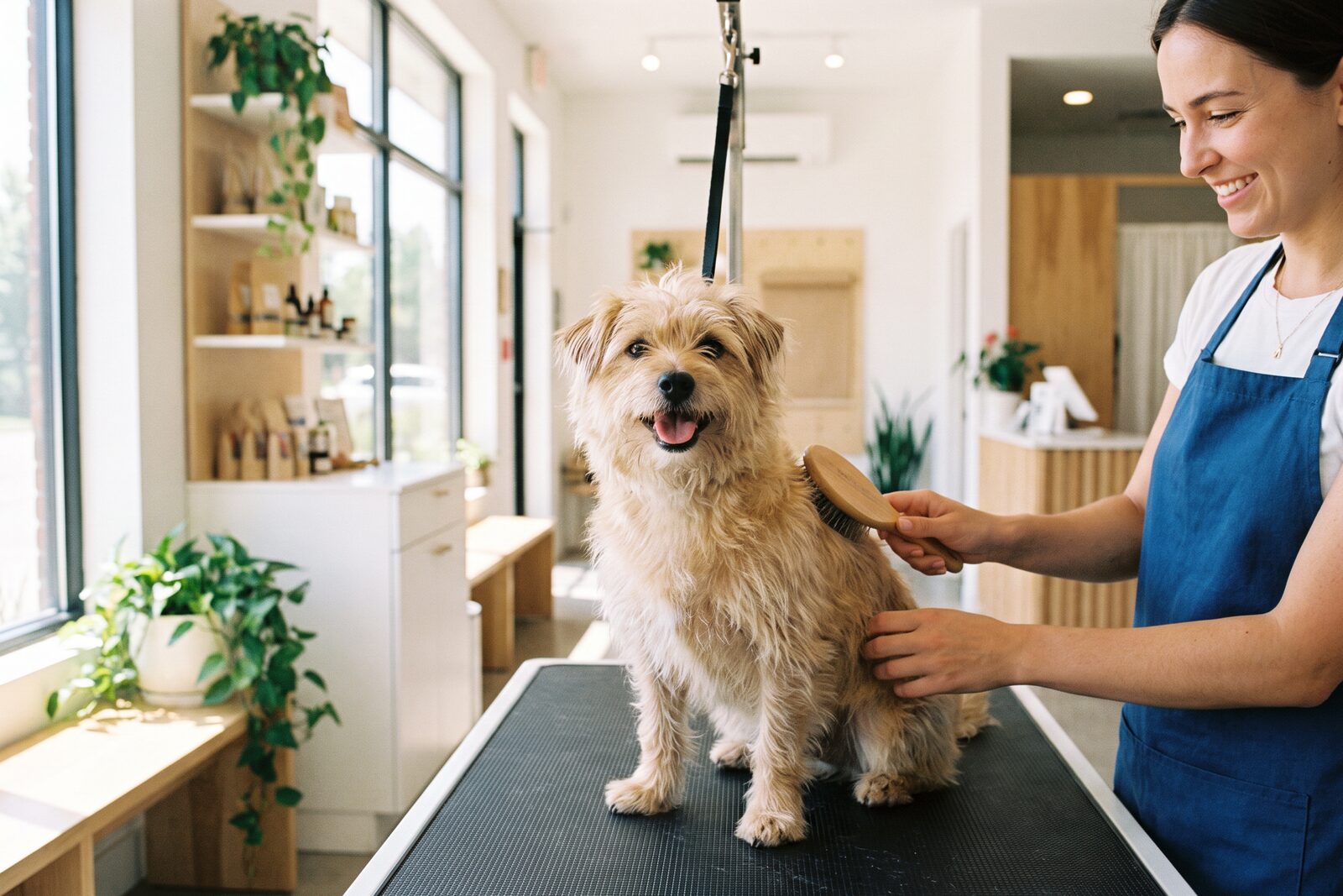 A dog being gently groomed at Waggington's