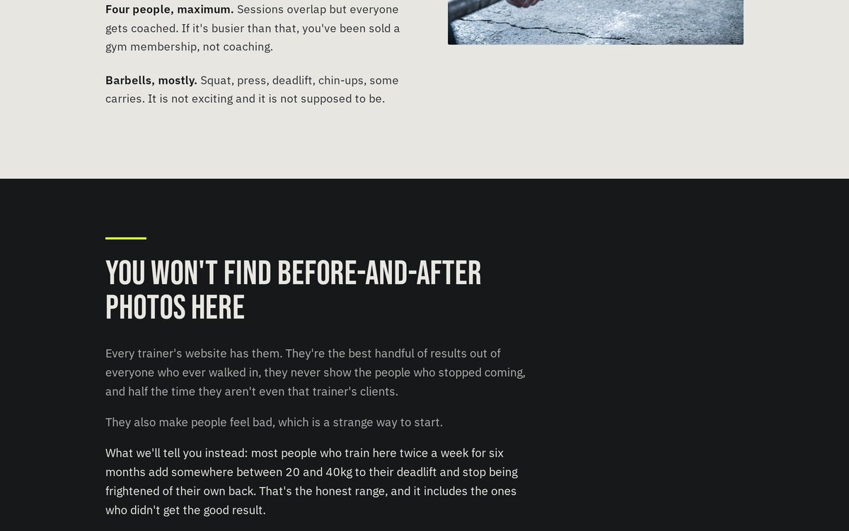 The Arch 12 website showing a section headed 'You won't find before-and-after photos here'