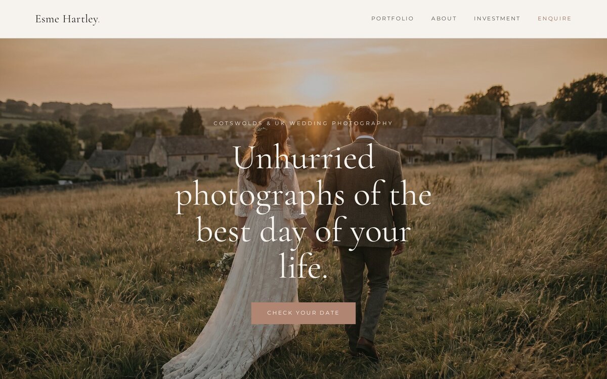 The Esme Hartley Photography homepage — 'Unhurried photographs of the best day of your life' over a golden-hour hero