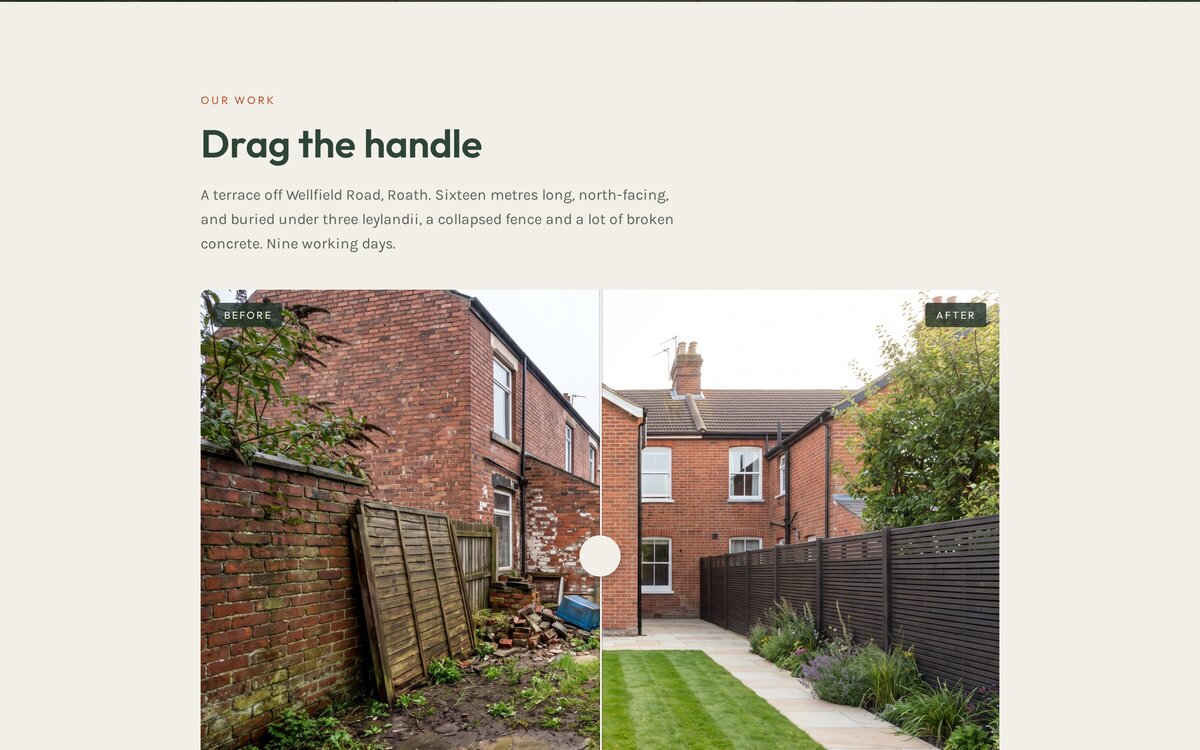 The Hollybank Landscapes site showing the before/after comparison slider mid-drag — rubble and a leaning fence on the left, new paving, lawn and planting on the right