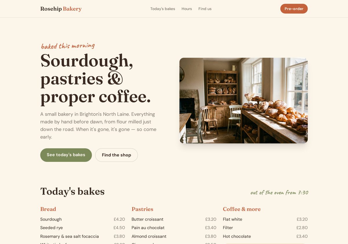 The Rosehip Bakery homepage — 'Sourdough, pastries and proper coffee' over a photo of the bakery interior