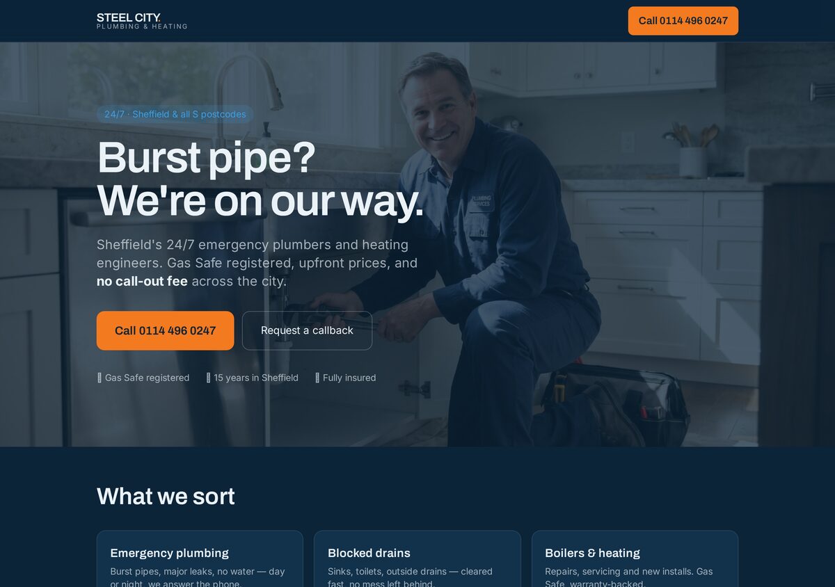The Steel City Plumbing homepage — 'Burst pipe? We're on our way.' over a navy hero with a big orange Call button