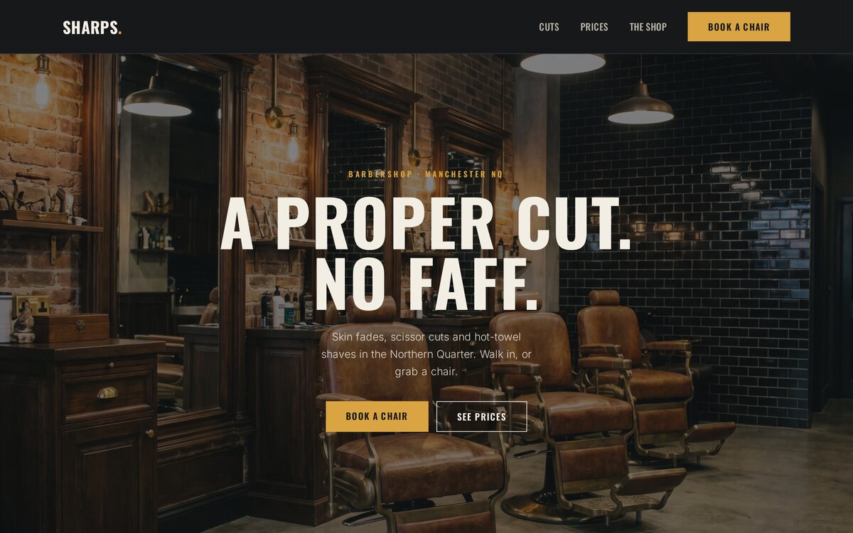 The Sharps Barbershop homepage — 'A proper cut. No faff.' over a photo of the shop