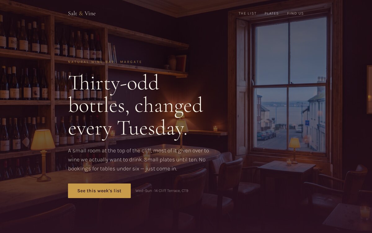 The Salt & Vine homepage — deep plum, brass and a serif headline reading 'Thirty-odd bottles, changed every Tuesday'