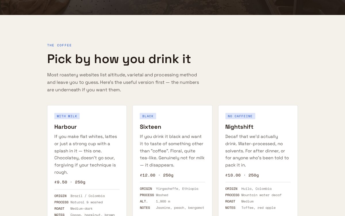 The Slipway website showing three coffees labelled With milk, Black and No caffeine, each with a plain-English description above a monospaced spec sheet