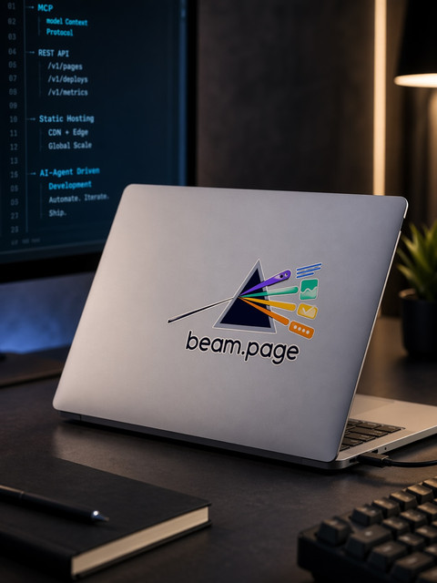 A silver laptop on a desk with a prism-triangle beam.page sticker on the lid; a monitor behind shows an outline of MCP, REST API, static hosting, and AI-agent-driven development